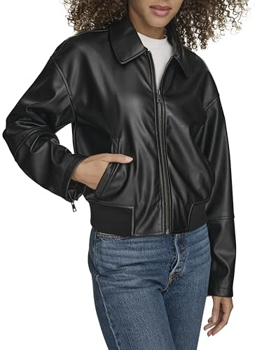 Levi's Women's Faux Leather Bomber with Laydown Collar, Black, Medium