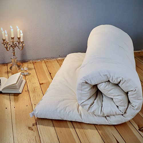 SHIATSU FUTON Natur Schurwolle I Futon-Matratze in besonders hoher Qualität – Bett-Matratze Topper Meditationsunterlage Schlafmatte Bodenmatratze aufrollbare-Matratze Bettdecke Futonbett (160 cm)