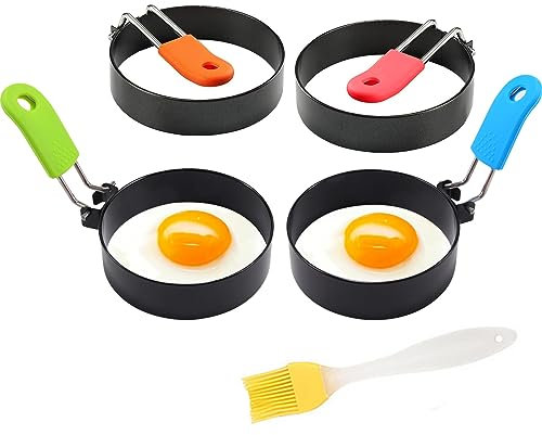 4Pack Non Stick Stainless Steel Poached Egg Moulds with Anti-Scald Folding Handle and Oil Brush for Household Kitchen Cooking Egg Frying Mini Burger