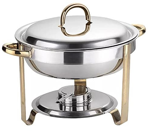Chauffe-plat rond en acier inoxydable de 4 l - Doré - Avec poignées latérales anti-brûlure - Pour restauration, buffet et fête