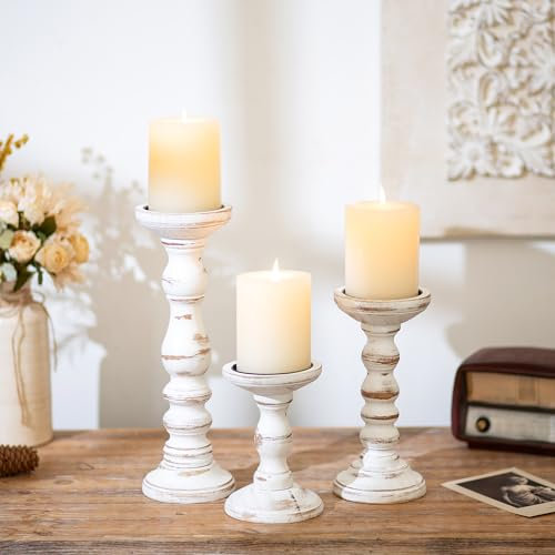 Romadedi Kerzenhalter Stumpenkerzen Holz Vintage - 3er Set Kerzenständer für Kerzen Landhaus Rustikale Landhausstil Deko Wohnzimmer Tischdeko Herbst Frühling Tisch Hochzeit, 15/21/30cm