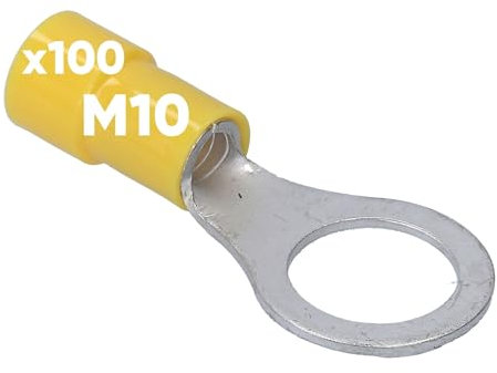 Kalitec RKSGM10 - 100 capicorda ad anello 4-6 mm², parzialmente isolato, M10, giallo, in rame, colletto, in PVC, per il collegamento di cavi o fili, capicorda I connettori per cavi proteggono i