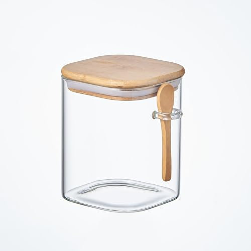 ORNAMI Airtight Glass Pantry Storage Canister Jar with Bamboo Lid & Spoon | BPA-Free, Clear Kitchen Organisation Jar (1, 1L, Square)