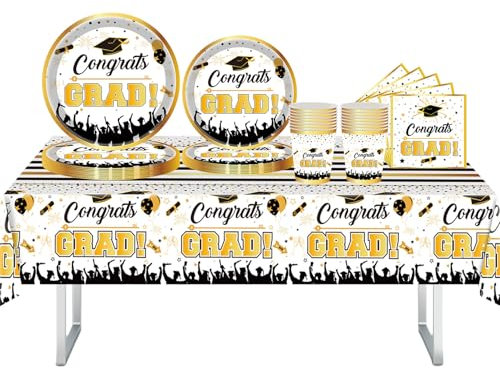 Gold Graduation Tableware Set - 69Pc Party Supplies Include Napkins, Plates, Cups, Tablecloth - Happy Graduation Theme Party Favor Supplies for Boys & Girls