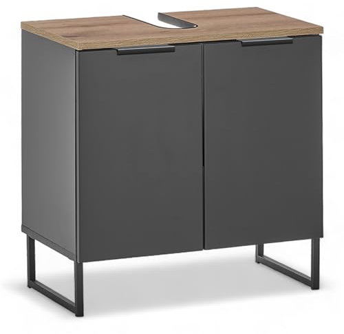 DENVER Badezimmer Waschbeckenunterschrank in Schwarz / Evoke Eiche Optik FSC-zertifiziert - Bad Unterschrank Badezimmerschrank mit viel Stauraum - 60 x 60 x 35 cm (B/H/T)