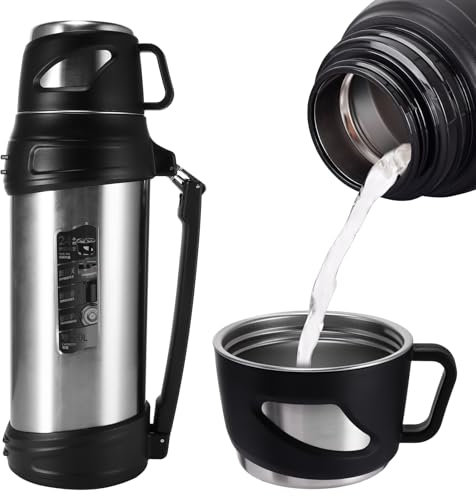 Vacuum Insulated Bottle 2.0 L, Large Capacity Stainless Steel Vacuum Insulated Flask for Hot Drinks + Coffee Cup Lid with Handle, water flask for Travel Drink Food Soup Flask