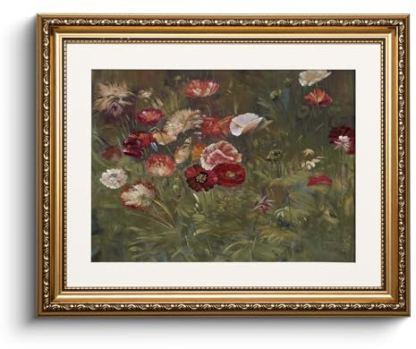 HUARCEY Leinwand Bilder mit Gold Rahmen, Vintage Wandbilder, Klassisch Wand Deko Wohnzimmer Schlafzimmer Badezimmer Küche, Bauernhaus Zimmer Deko Aesthetic, Ein Bett aus Mohn Painting, 33x40cm, klein