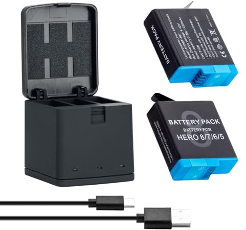 Marveleese Kit di ricarica per Go Pro Hero 8 Black Hero 7 Hero 6 Hero 5 Triple Charger & Scatola di immagazzinaggio Suit 3 Canali con 2 batterie ricaricabili agli ioni di litio per Go Pro