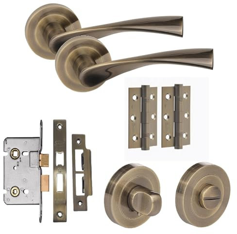 Golden Grace Astrid Design Bathroom Door Handles Set in Antique Brass Finish with Thumbturn & Mortise Lock
