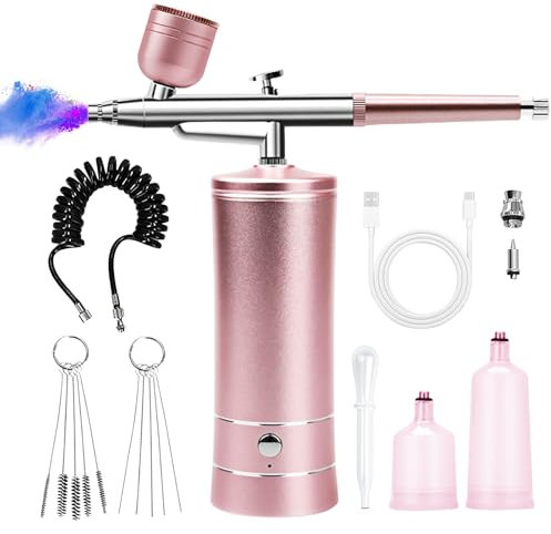 Juego De Aerógrafo, Kit De Aerógrafo, Mini Aerógrafo Set, Portátil Con Compresor Aerógrafo Recargable Para Uñas, Pintura De Modelos, Pasteles, Maquillaje Tatuajes Y Pintura Facial (Rosa)
