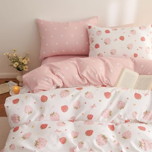 Sedefen Bettwäsche 135x200 Rosa Weiß mit Erdbeeren Mädchen Bettwäsche aus Microfaser,Aesthetic ÖKO-TEX Bettwäsche Set Kinder Wende Bettwäsche mit Reißverschluss und 1 Kissenbezug 80x80 cm