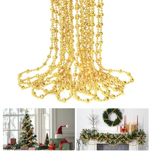 JOLCEEY 20M Perlenschnur Weihnachten, Golden 8+4mm Perlengirlande Weihnachtsbaum Perlenkette Christbaum Perlengirlande Künstliche Perlenschnur für Weihnachtsschmuck Hochzeit Deko Handwerk Geschenke