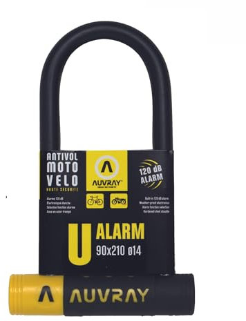 AUVRAY - Antivol vélo avec alarme - U ALARME 90X210 D.14-3 CLES - Résistance exceptionnelle - Coque de protection en plastique - Alarme intégrée de 120 dB - Haute sécurité