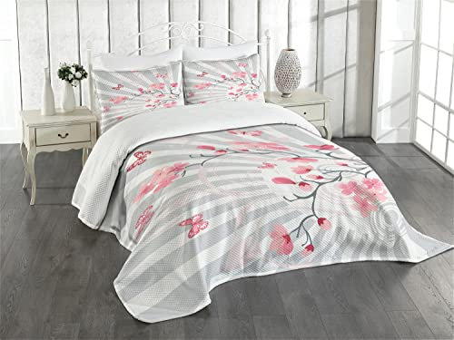 ABAKUHAUS Natur Tagesdecke Set, Vögel auf Kirschbaum, Set mit Kissenbezug Feste Farben, für Einzelbetten 170 x 220 cm, Hellgrau lila