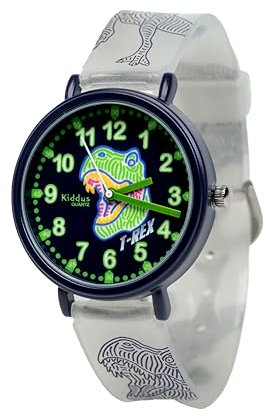 Kiddus Lern Armbanduhr für Kinder, Jungen und Mädchen. Analoge Armbanduhr mit Zeitlernübungen. Zeit Lehrer. Time Teacher. T-Rex. Fluoreszierend
