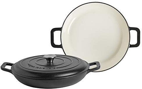 Argon Tableware 2.3L Shallow Cast Iron Casserole Dishes with Self-Basting Lids - Matte Black - 2x Induction Hob Cooking 2.43QT Dutch Oven Bread Baking Serving Roasting Stew Stock Pot Cookware Pan