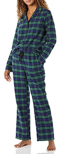 Amazon Essentials Damen Flanell-Schlafanzug mit Shirt mit Langen Ärmeln und Knopfleiste vorne und Hose, Grün Kobaltblau Blackwatch Plaid, M