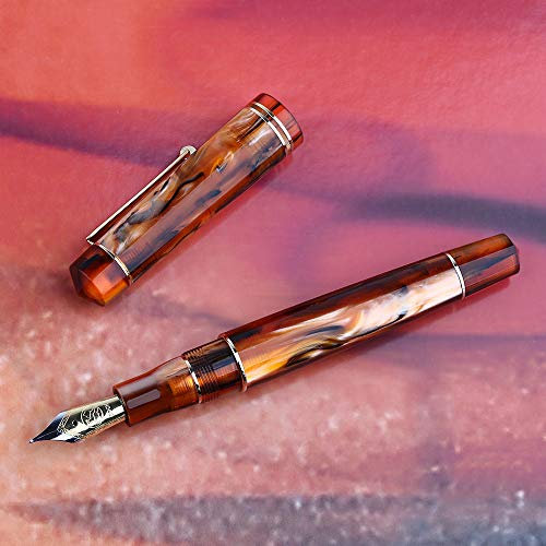 Lanxivi Majohn M800 Fountain Pen, Amber Colour Acrylic Barrel, Bock Fine Nib Golden Clip Ink Pen with Pen Box