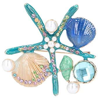 Pssopp Superbe étoile de Mer et Coquillage Cristal Alliage Fermoir Broche Tendance Perle Broche Vêtements Accessoires(Bleu)