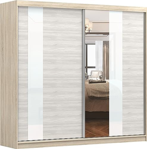 Fabryka Mebli Idźczak Kleiderschrank mit Spiegel, Schiebetüren - Schwebetürenschrank, Schlafzimmerschrank - 61 x 233 x 218 cm - Sonoma Schrank für Schlafzimmer, Ankleidezimmer, Garderobe