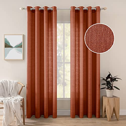 MIULEE 2er Set Voile Vorhang Sheer Leinenvorhang mit Ösen Transparente Unregelmäßige Textur Gardine Ösenschal Fensterschal Lichtdurchlässig für Schlafzimmer 225 x 140cm (H x B) Ziegelrot