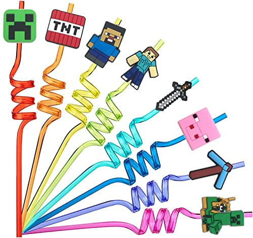 16 Stück Pixel Curly Trinkhalme Wiederverwendbare Trinkschleife Strohhalme,für Kinder Geburtstag mitgebsel Party Deko