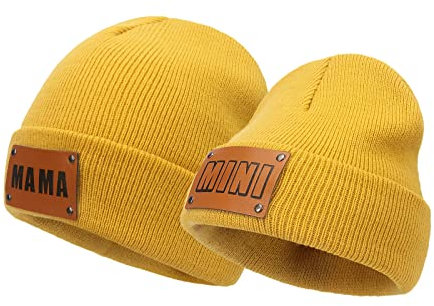 Asufegucd 2 x Eltern-Kind-Mütze, gestrickte Beanie-Mütze, Baby-Hip-Hop-Mütze, Wintermütze für Mutter und Baby, Strickwolle, Skimütze, gelb, S/L