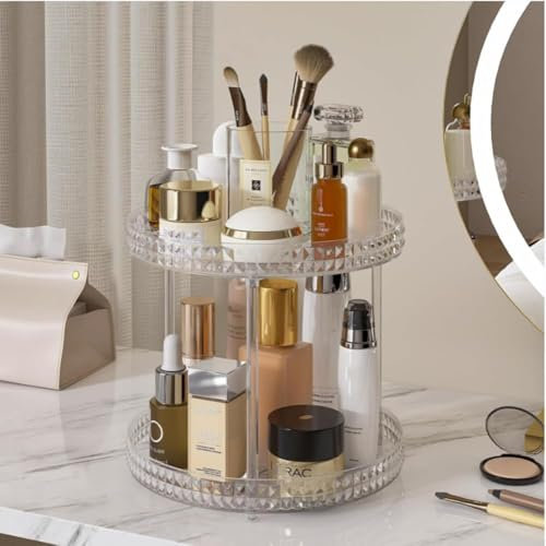 ROWNYEON Make up Organizer, Kosmetik Organizer 360° Drehbar Hautpflege 2 Lagen Skincare Parfüm Badezimmer Organizer, Schminktisch Organizer, Aufbewahrung für Bad, Kosmetikschrank (klar)