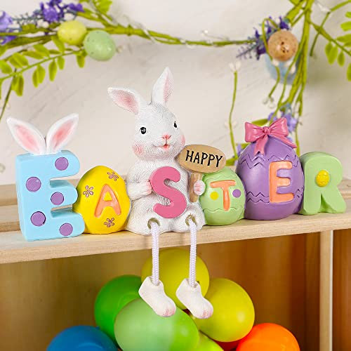 Lulu Home Oster-Tischdekoration, 21,1 cm L x 15 cm H x 5,1 cm B, Kunstharz-Hasen-Regal-Sitter mit baumelnden Beinen, bezaubernde Happy Easter Hase Statue mit Ostereiern für Frühlings-Innendekorationen