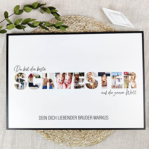 Elbeffekt Schwester Holzbild - Personalisierbares Foto Geschenk - Opt. Beleuchtet - Hochwertiges Wandbild für Schwester - Rustikal