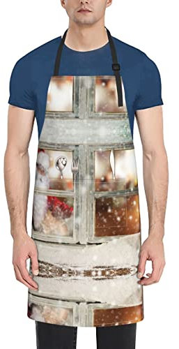 ADFSHIDS Weihnachts-Fensterbank, Unisex-Schürze, verstellbar, wasserdicht, mit 2 Taschen zum Kochen, Grillen und Backen, Fensterbank Weihnachten, One size