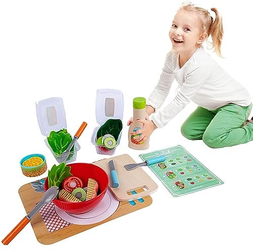 Coo11 33 PCs Kids Food Cutting Set, Salad Making Pretend Play Kitchen Toys with Plastic Fruits, Veggies, Chicken, Chopping Board, Creative Role Play Shop Menu & Accessories for Toddlers Ages 3+