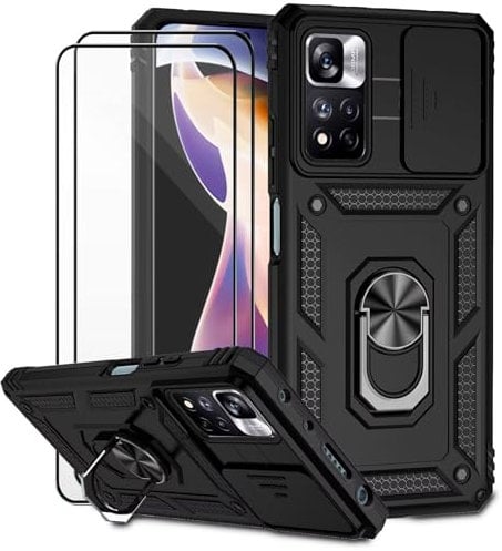 Dechyi für Xiaomi Redmi Note 11 Pro 5G/Note 11 Pro 4G/Note 12 pro 4G Hülle mit Panzerglas Schutzfolie Schutzhülle mit Kameraschieber Case 360° Drehbarer Militä Ständer Stoßfest Cover-Schwarz