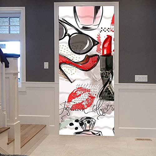 Adesivi Per Porte 3D Occhiali Da Sole Con Rossetto Cosmetico 90 X 200 Cm Camera Da Letto Soggiorno Moderno Removibili Staccabile Pannelli Auto-Adesivo Diy Adesivi Mural Applica A Murale Autoadesivo P