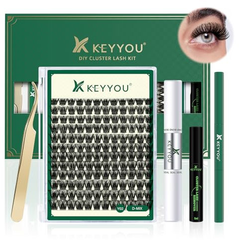 DIY Lash Extension Kit KEYYOU 144pcs Lashes Clusters Eyelash Extension with Mascara Bond and Seal Glue Remover Lash Applicators for DIY Lash Extensions (Y02 Kit)