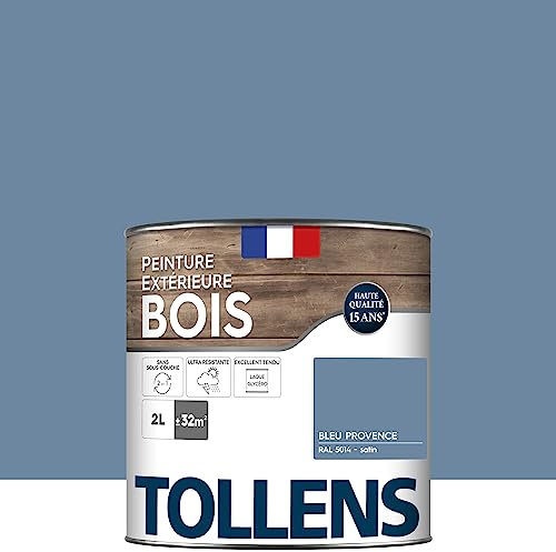 Tollens - Peinture extérieure bois 2 en 1 - Ultra Résistante - Finition Satin - Laque Riche en Résine - Pour Toute Boiserie Extérieure - Sans Sous-Couche - Satin - Bleu Provence - 2L = 32m2