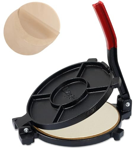 Cast Iron Tortilla Press 10 inch - Tortilla Maker with Silicone Handle, Include Parchment Paper, Heavy-Duty Iron Pataconera with Flaxseed Oil for Corn, Flour Tortilla - Quesadilla Taco Roti Press