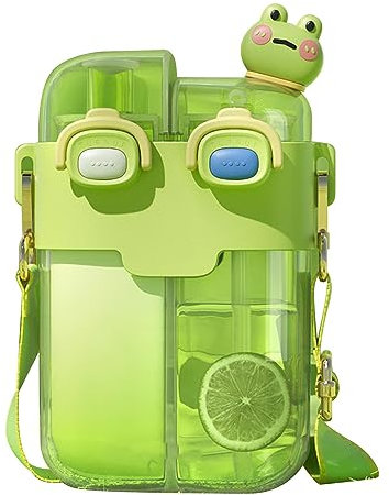 Kawaii Water Bottles with Straw, Fashion Plastic Double Drinking Water Bottle Adjustable Strap for Sports Fitness Gym Camping Water Jug (Lime Green 780ml)