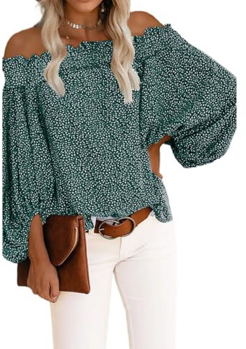 Blusa de mujer de manga larga con hombros descubiertos camiseta camiseta con hombros descubiertos Pullover Blusa Casual Túnica Top Blusas Top Sexy Gasa Manga Linterna Camiseta, D-Verde, S