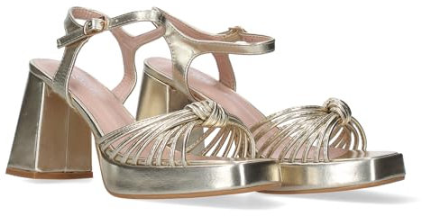 shoes&blues.es 77288-Sandalia de Tacon Ancho para Mujer, Comodo, con Estampado Multicolor, Pala con Tiras Enredadas, y Cierre de Hebilla. Talla 38 Oro