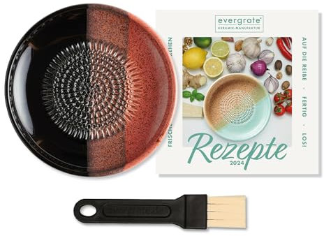 evergrate Keramikreibe im Motiv Lava mit Küchenpinsel und Rezeptheft