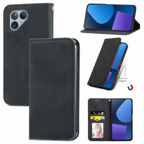 Everainy Kompatibel für Fairphone 5 Hülle Silikon Einfarbig Leder Flip Case Cover Tasche Kartenfach Kickstand Klappbar Magnetisch Hüllen Stoßfest Farbe Handyhülle (Schwarz)
