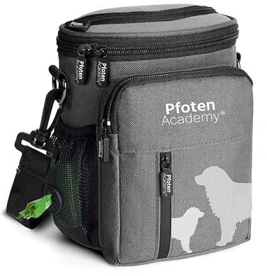 Pfoten Academy® Premium Futterbeutel - Leckerlitasche mit Kotbeutelspender - Hundetraining, Gassi Gehen, Outdoor - Umhängetasche mit Aluminium Gürtelklipp & Verstellbarem Taillen-/Schulterriemen