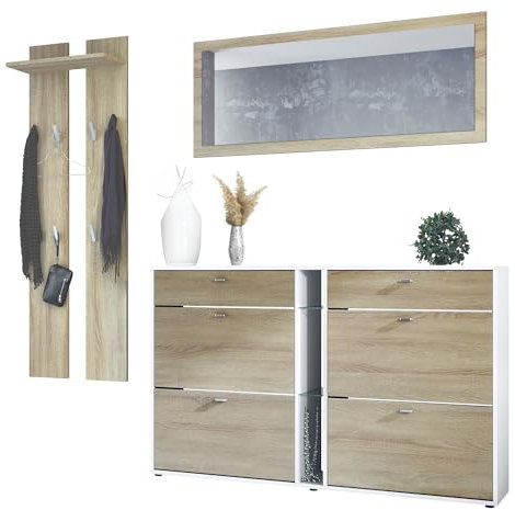 Vladon Garderoben-Set Orlando mit Schuhschrank, Made in Germany, Wandpaneel und Wandspiegel, Weiß matt/Eiche sägerau