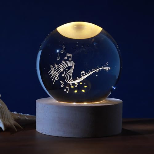 I-TOTAL®- Sfera di vetro 3D con LED RGB effetto sul soffitto, luce notturna per bambini, lampada da notte con base in legno, tema fantasy, decorazione in cristallo disegno (MUSIC)