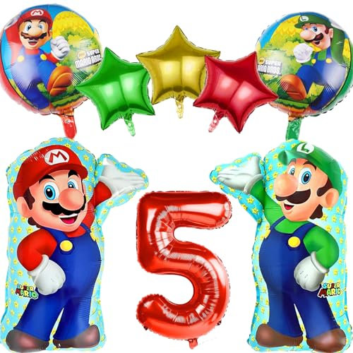 Decoracion Cumpleaños Mario Bros 5 Años, 8 Pieza Globos Mario Cumpleaños Deco Fiesta, Cumpleaños Globos Infantil, Mario Globo de Aluminio para Decoración de Cumpleaños Fiesta Niños Niñas 5 Años