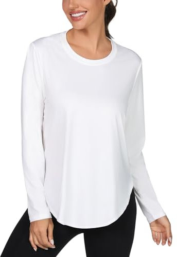 Terecey Funktionsshirt Damen Atmungsaktiv - Fitness Yoga Running T-Shirts - Longsleeve Training Gym Sportshirt - Rundhals Langarmshirt Wandershirt - Leichtes Schnelltrocknend Weiß-S