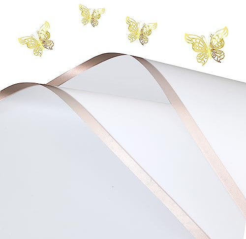 Korean Flower Wrapping Paper White Florist Bouquet Paper with12pcs 3D Gold Butterflies Stickers, Mother's Day 20pcs Gold Edge Gift Packaging DIY Craft 22.44x22.44 inch (White -20pcs)