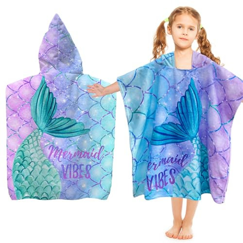 Badeponcho Kinder mit Kapuze, Mikrofaser Poncho Strandtuch, Handtuch Poncho Kinder, Badehandtuch Kinder Badeponcho, Badetuch Kinder für MäDchen, Jungen Kleinkind 2-8 Jahre Alt (Meerjungfrau)