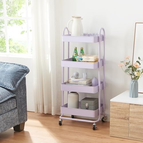 [en.casa] Carro de Servicio con 4 Cestas Estantería de Baño con 4 Ruedas Carrito de Cocina Multiusos Versátil Resistente Acero 104 x 46 x 35 cm - Púrpura Claro